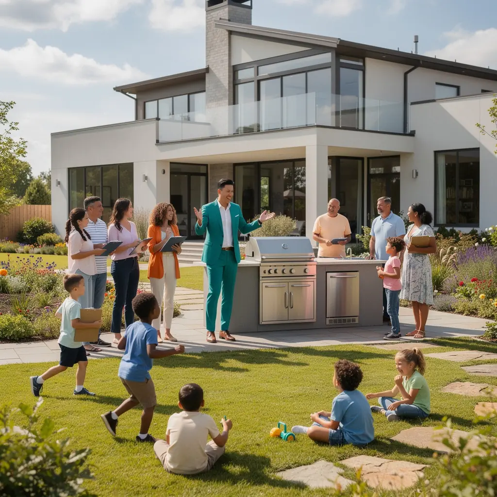 Para rozmawiająca z agentem nieruchomości na zewnątrz budynku.