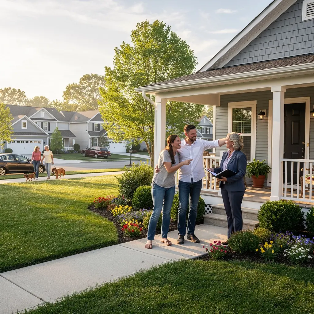 Ilustracja przedstawiająca parę analizującą umowę najmu w biurze nieruchomości.