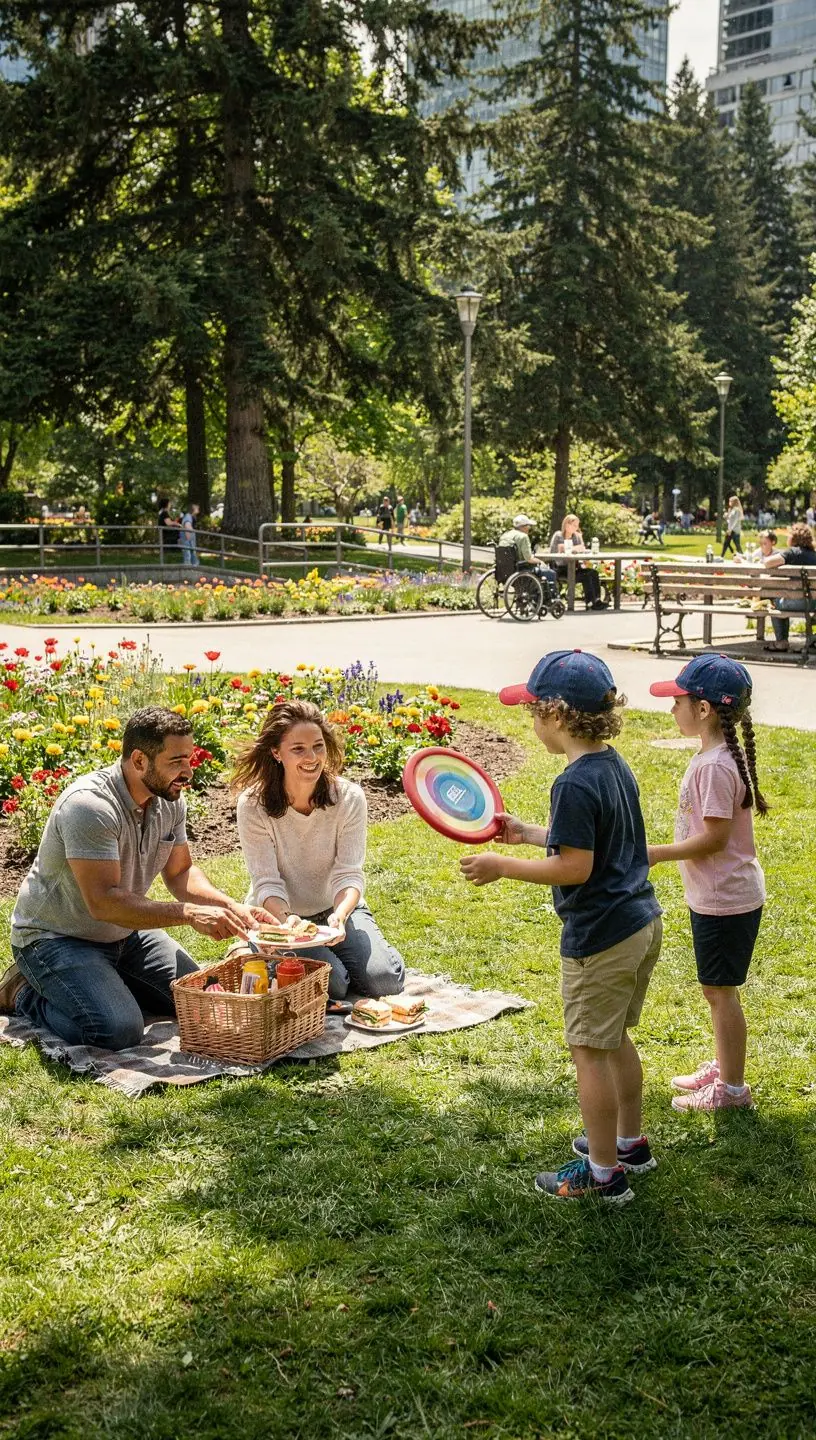 Widok na rodzinę odpoczywającą przy wodospadzie, z łatwym dostępem do miejsca.